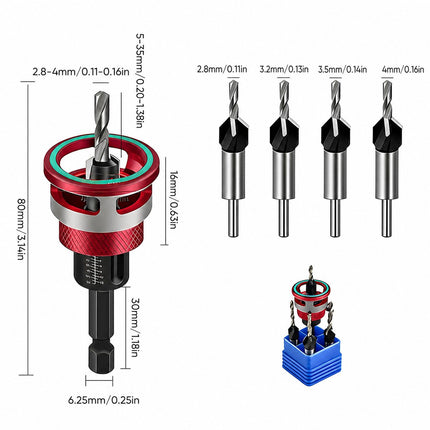 Countersink Drill Bit Set with Depth Stop, 4 Piece HSS Drill Bit for Wood and Drywall
