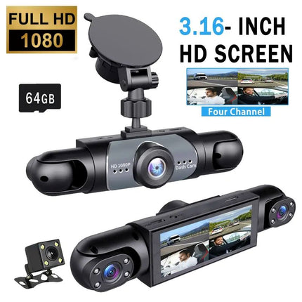 Dash Cam Front and Rear, 4 Channel Car Dash Cam with 360 Car Camera View, 1080P Dash Cam with 64GB SD Card