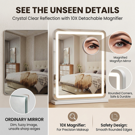 LED Vanity Mirror with Lights, Lighted Makeup Mirror with 10X Magnifier and Dimming