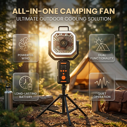 Portable Fan with Power Bank and Light, Rechargeable Camping Fan with Remote Control and Tripod