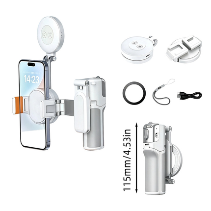 Mini Selfie Stick with LED Fill Light, Magnetic Phone Grip with Zoom Control
