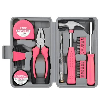 Household Tool Set with Storage Box, Home Tool Kit with Pliers, Hammer and Tape Measure, Pink Tool Set