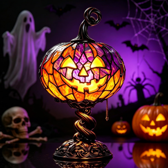 Small Table Lamp, Stained Glass Lamp, Halloween Decorations Indoor, Pumpkin Decor, Vintage Lamp for Fall Decor_01
