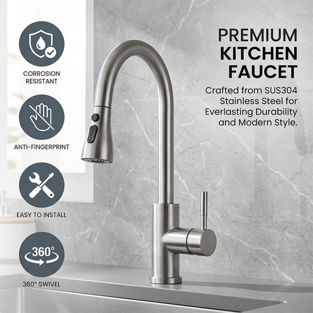 Kitchen Faucet with Sprayer, Pull Down Kitchen Faucet, Stainless Steel Kitchen Sink Faucet with 360 Swivel Gooseneck_01