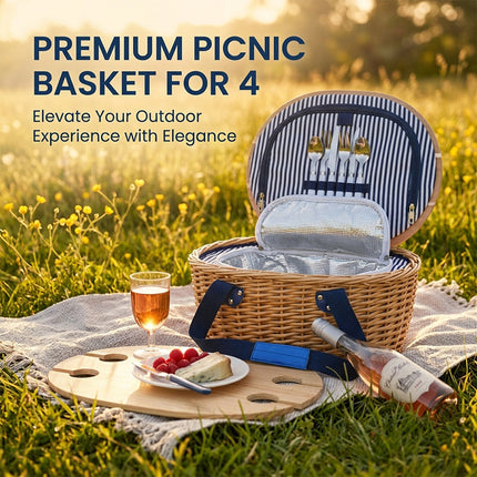 Picnic Basket for 2 or 4 Person, Insulated Wicker Picnic Basket Set with Folding Wine Table – image 12