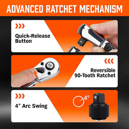 Flex Head Ratchet Wrench Set with Extension Bars and Adapters, Mechanic Tool Set