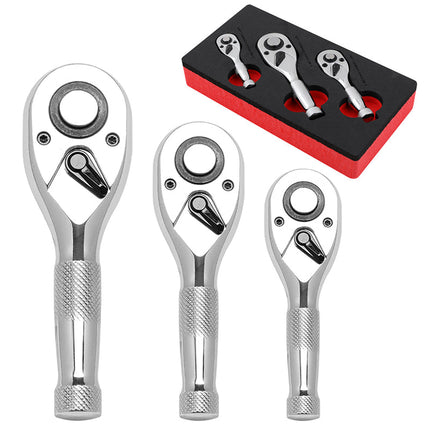 Stubby Ratchet Wrench Set, 3 Piece Socket Wrench Set 1/4 3/8 1/2 Inch Drive, Mini Socket Ratchet with Reversible Head