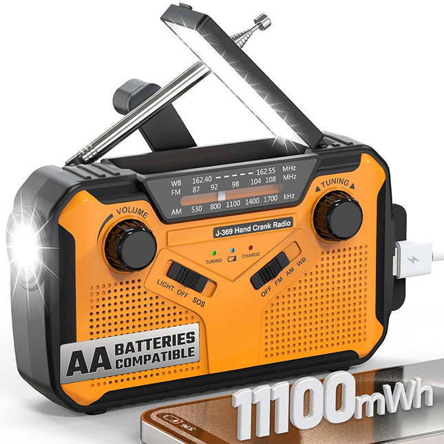 NOAA Weather Radio, Hand Crank Emergency Radio with Solar Panel and Power Bank, Portable AM FM Radio with LED Flashlight