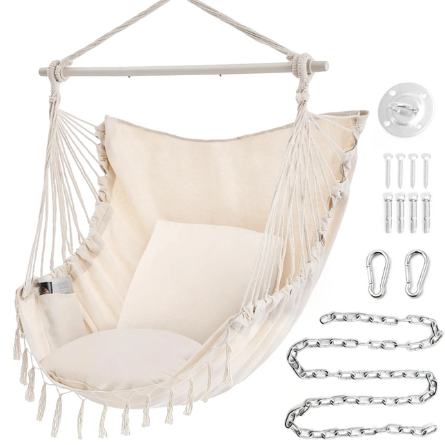 Hammock Chair Hanging Swing, Hanging Chair with Cushion and Steel Bar, Outdoor Swing Chair for Patio and Bedroom_01