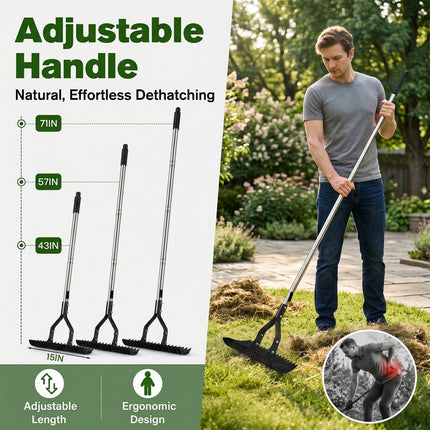 Lawn Dethatcher Rake, Heavy Duty Thatch Rakes with 15 Inch Dual Sided Head