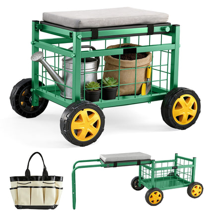 Rolling Garden Cart with Seat, Garden Stool with Wheels and Storage