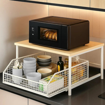 Kitchen Countertop Organizer with Basket Drawer, 2 Tier Kitchen Counter Shelf with Wood Top – image 4