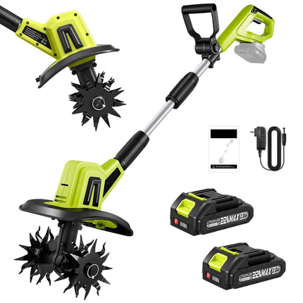 Tiller Cultivator, Cordless Garden Tiller with 2 Batteries, Electric Tiller, Electric Cultivator for Raised Beds