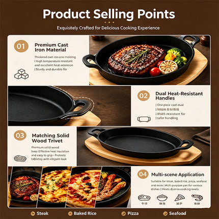 Small Cast Iron Skillet with Wooden Base, Sizzling Plate for Fajitas