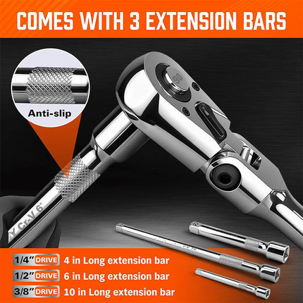 Flex Head Ratchet Wrench Set with Extension Bars and Adapters, Hand Tools for Tight Spaces