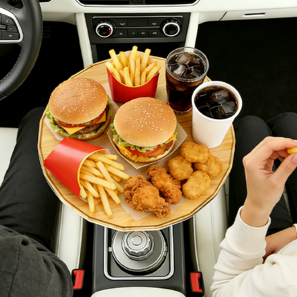 Car Food Tray, Wooden Car Cupholder Tray with 360 Rotation