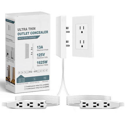 Ultra Thin Outlet Concealer, 3 Outlet Power Strip with Cord, Wall Outlet Extender to Hide Cords and Plugs