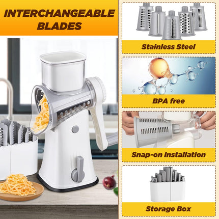 Rotary Cheese Grater Shredder with 5 Blades, Vegetable Cutter