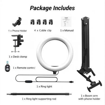 Overhead Ring Light with Boom Arm and Phone Holder, Desk Clamp Light with Remote – image 8