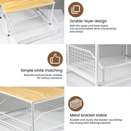 Kitchen Countertop Organizer with Basket Drawer, 2 Tier Kitchen Counter Shelf with Wood Top