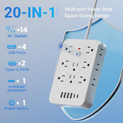 Surge Protector Power Strip with USB C, 20 Outlet Power Strip with 4 USB Ports