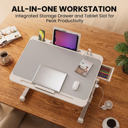 Lap Desk with Light and USB Fan, Adjustable Bed Desk for Laptop