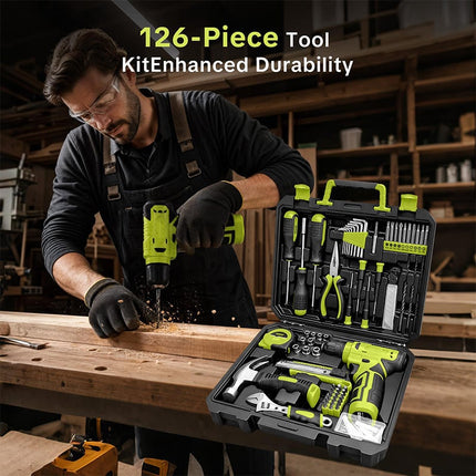 Cordless Drill Set, 126 Piece Home Tool Kit with Keyless Chuck Drill