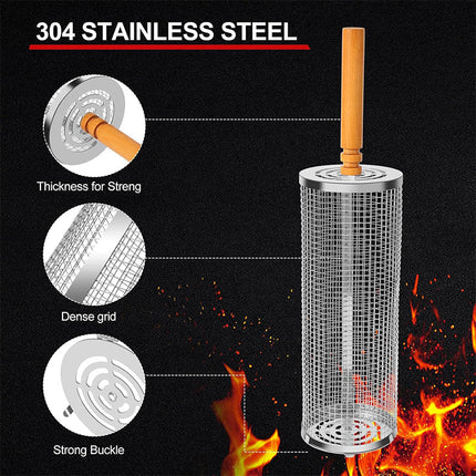 Rolling Grill Baskets with Wooden Handles, Stainless Steel Grill Basket for Vegetables and Fish – image 5