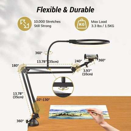 Overhead Ring Light with Boom Arm and Phone Holder, Desk Clamp Light with Remote