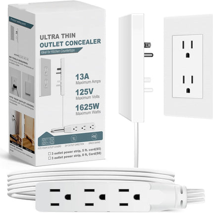 Flat Plug Power Strip with Outlet Concealer, Flat Extension Cord with 3 Outlets, Outlet Safety Cover, Cord Hider