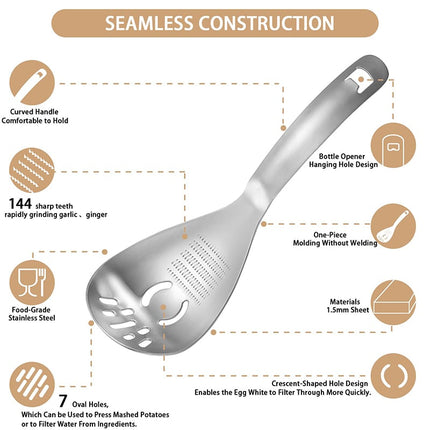 Stainless Steel Slotted Spoon 5 in 1 Kitchen Utensil, Garlic Grater