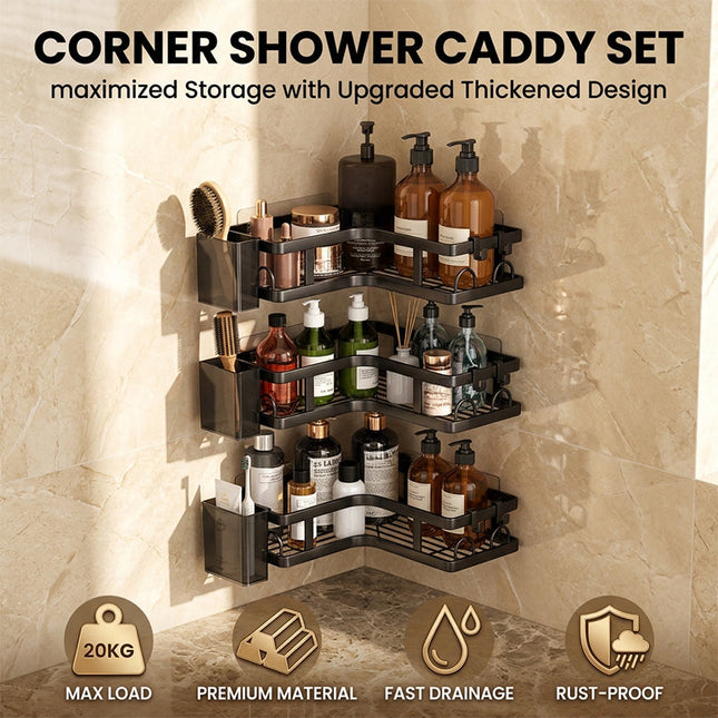 Corner Shelf for Bathroom, Corner Shower Shelf No Drill, Wall Mounted Corner Shelf with Hooks, Adhesive Bathroom Caddy_01