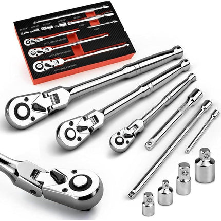 Flex Head Ratchet Wrench Set with Extension Bars and Adapters, Mechanic Tool Set, Hand Tools for Tight Spaces