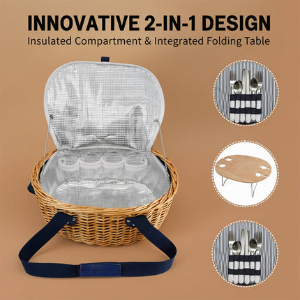Picnic Basket for 2 or 4 Person, Insulated Wicker Picnic Basket Set with Folding Wine Table – image 8