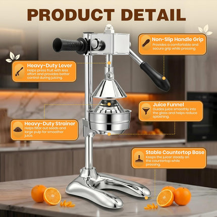 Juice Press Manual Citrus Juicer, Cast Iron Juicer with Gear Drive and Suction Base