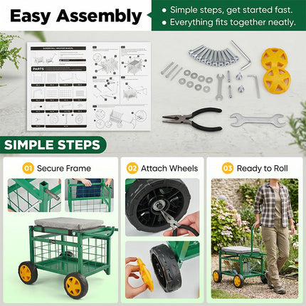 Rolling Garden Cart with Seat, Garden Stool with Wheels and Storage – image 10