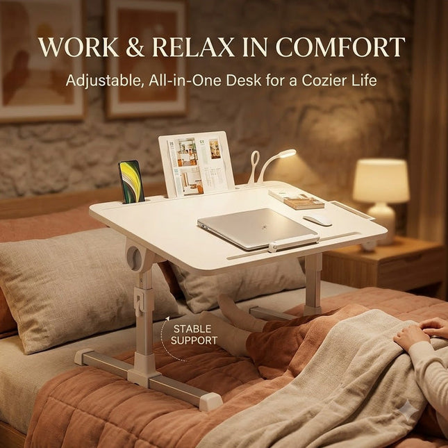 Lap Desk with Light and USB Fan, Adjustable Bed Desk for Laptop, Portable Laptop Table with Drawer, Bed Tray for Couch_01