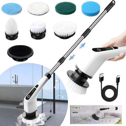 Floor Scrubber Electric Spin Cleaner, Shower Scrubber with 7 Brush Heads, Cordless Bathroom Scrubber for Tub and Tile