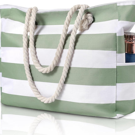 Beach Tote Bag, Waterproof Tote Bag with Zipper, Large Beach Bag with Pockets for Pool and Gym