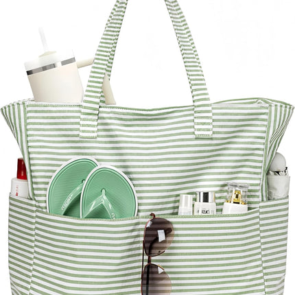Large Tote Bag for Beach and Pool, Sandproof Beach Bag with Zipper, Beach Tote with Waterproof Wet Pocket for Grocery