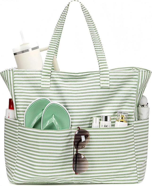 Large Tote Bag for Beach and Pool, Sandproof Beach Bag with Zipper, Beach Tote with Waterproof Wet Pocket for Grocery