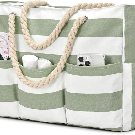 Beach Tote Bag, Extra Large Canvas Tote Bag with Zipper, Waterproof Beach Bag with Pockets and Adjustable Shoulder Strap