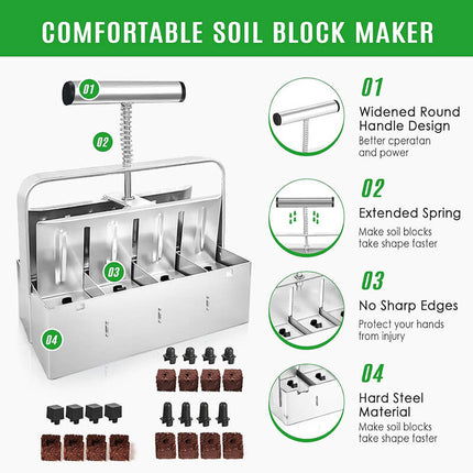 Soil Blocker 20 Cell and 8 Cell, Zinc Coated Steel Soil Block Maker with 3 Seed Pins – image 8