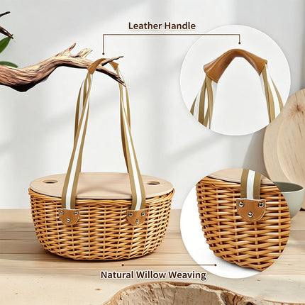 Picnic Basket for 2 or 4 Person, Insulated Wicker Picnic Basket Set with Folding Wine Table – image 6