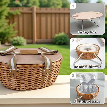Picnic Basket for 2 or 4 Person, Insulated Wicker Picnic Basket Set with Folding Wine Table – image 4