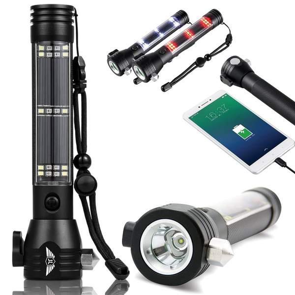 Solar Rechargeable Flashlight, Emergency Light with Solar Power Bank