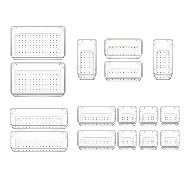 Clear Drawer Organizers with 4 Tray Sizes, Vanity Organizer for Makeup and Jewelry, Stackable Desk Organizer Trays_09