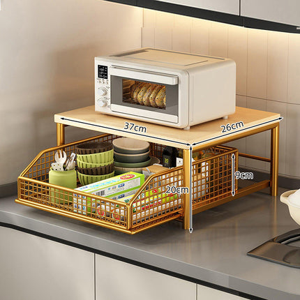 Kitchen Countertop Organizer with Basket Drawer, 2 Tier Kitchen Counter Shelf with Wood Top – image 9