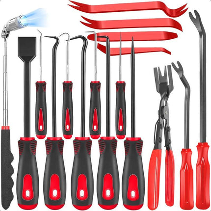 Car Trim Removal Tool Set, 17 Piece Hook and Pick Set with Clip Pliers, Telescoping Magnetic Pick Up Tool and Scraper