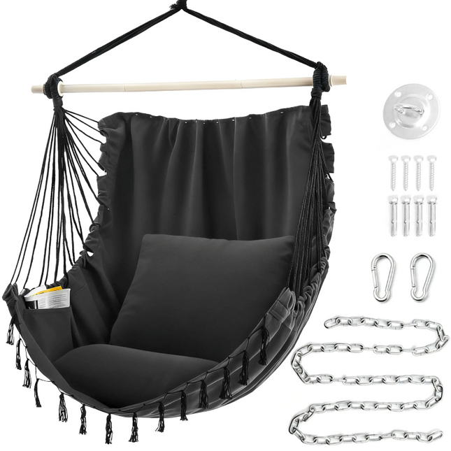 Hammock Chair Hanging Swing, Hanging Chair with Cushion and Steel Bar, Outdoor Swing Chair for Patio and Bedroom_00